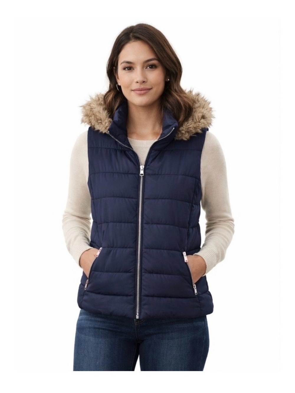 GAP Navy Quilted Puffer Vest with Faux Fur Trim